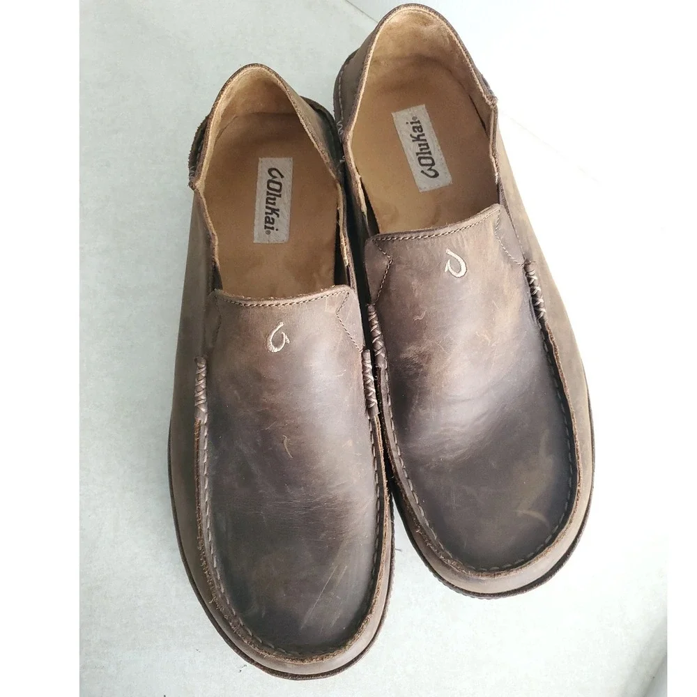 OluKai Moloa Slip On Shoes Dark Wood Leather Comfort Casual Loafers Mens 13